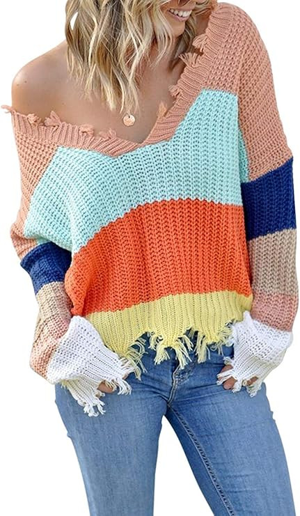 Tiksawon Womens Color Block Striped Oversized Crew Neck Sweaters Pullover Fashion Long Sleeve Loo... | Amazon (US)