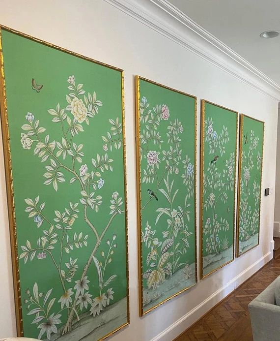 Emerald Green----Chinoiserie Handpainted silk wallpaper--list price for 1 panel 3ft wide * 6ft hi... | Etsy (US)