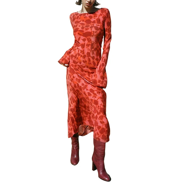 Thaisu Women's Long Dress Casual Zebra Print Long Sleeve Flared Cuff Slim Skirt Party Dress - Wal... | Walmart (US)