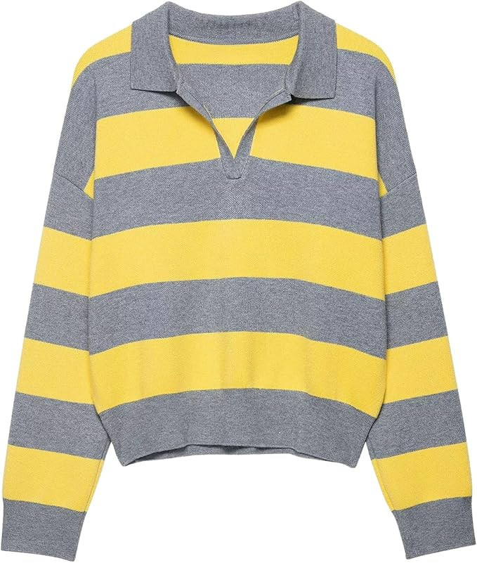 Chevara Women’s Striped Polo Sweater V Neck Colorblock Knit Pullover Y2K Casual Loose Fit Rugby... | Amazon (US)