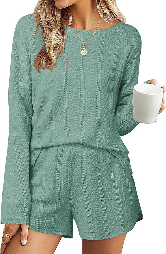 MEROKEETY Women's Casual Cable Knit Lounge Pajamas Sets Long Sleeve Tops and Shorts 2 Piece Outfi... | Amazon (US)