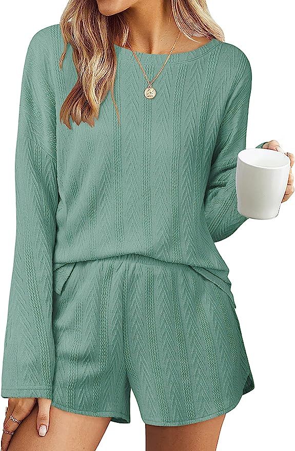 MEROKEETY Women's Casual Cable Knit Lounge Pajamas Sets Long Sleeve Tops and Shorts 2 Piece Outfi... | Amazon (US)