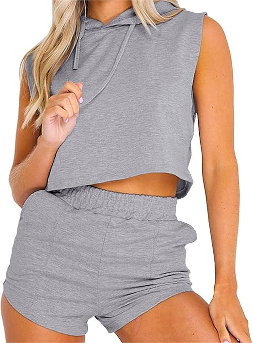 PDBQ Women's 2 Piece Tracksuit Sleeveless Hoodies Cute Tank Top and Shorts Set Outfits | Amazon (US)