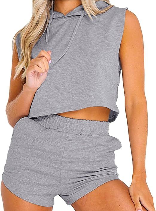 PDBQ Women's 2 Piece Tracksuit Sleeveless Hoodies Cute Tank Top and Shorts Set Outfits | Amazon (US)