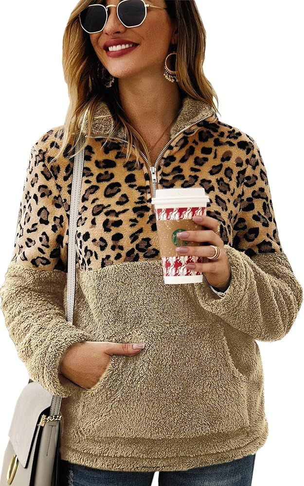 Angashion Women Sweater Long Sleeve Half Zip Up Warm Fuzzy Leopard Print Patchwork Fleece Pullove... | Amazon (US)