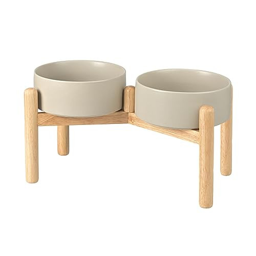 SPUNKYJUNKY Ceramics Elevated Dog Bowls with Wooden Stand Raised Dog Bowl for Medium Large Dog Food and Water Pet Feeding Bowl(Double 60OZ Bowls,Grey) | Amazon (US)