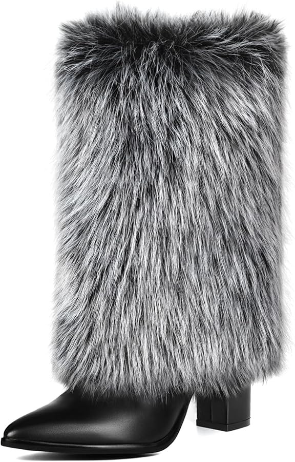 Womens 3.3-inch Chunky Mid Calf Fur Heel Boots Furry Fuzzy Fluffy Pointed Toe Boots for Women Sho... | Amazon (US)