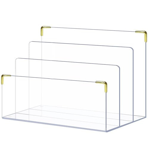 pbf Acrylic File Holder | Clear Acrylic Desk Organizer with Gold Accents | 3-Level Folder Holder, Mail Sorter, & Laptop Stand | Amazon (US)