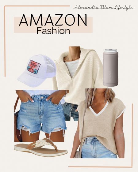 Summer outfit idea from Amazon! Casual lake outfit! Crochet tank top and white knit sweat shirt! Cut off denim jean shorts! Sperry flip flops! 

#LTKShoeCrush #LTKStyleTip #LTKFindsUnder100