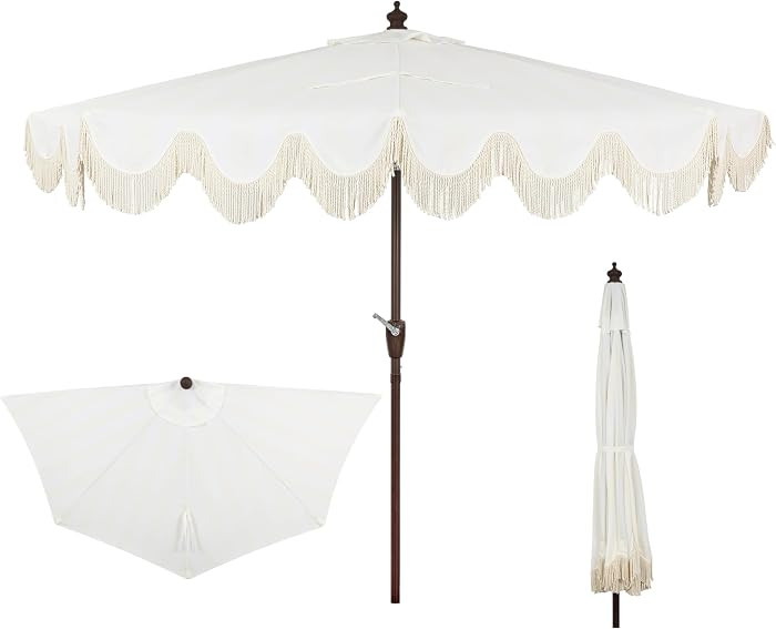 JONATHAN Y Beverly 9 ft. Coastal Cream and White Striped Half Patio Umbrella with Scalloped Fring... | Amazon (US)
