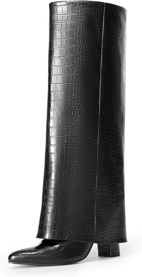 DREAM PAIRS Women's Knee High Boots Fold Over Chunky High Heels Long Boots Zipper Pointed Toe Dre... | Amazon (US)
