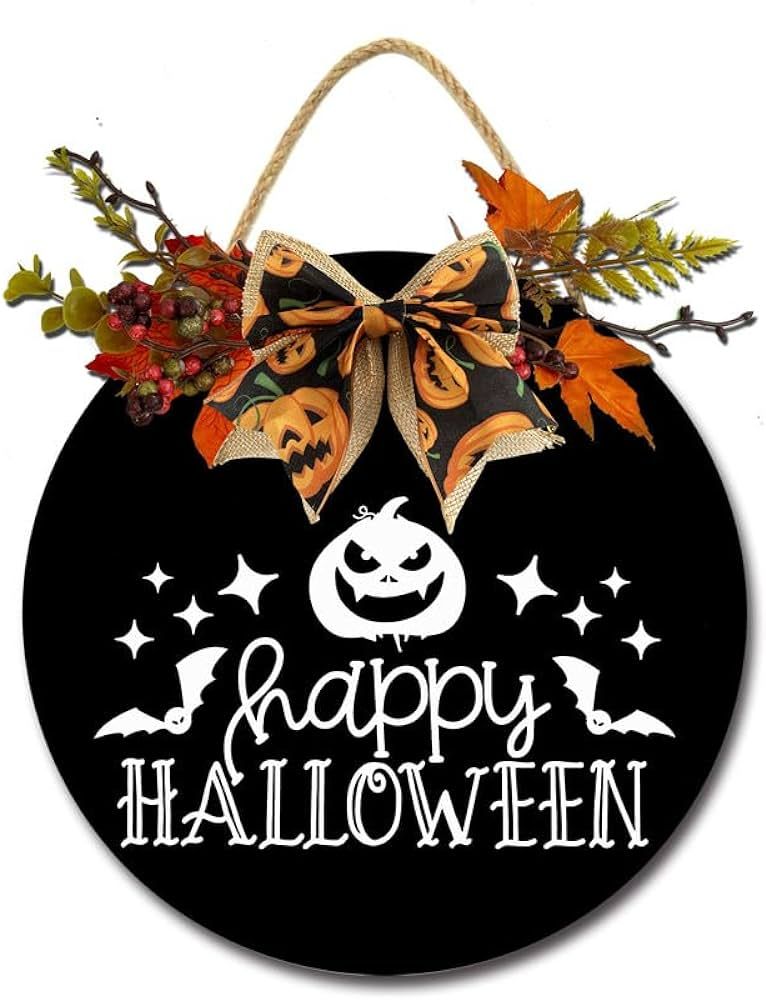 Isaric Happy Halloween Door Sign, Halloween Wreaths Decor 11"x11" Rustic Wall Hanging Sign Hallow... | Amazon (US)