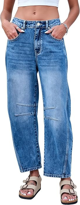 GREAIDEA Barrel Jeans for Women Mid Rise Stretchy Baggy Denim Ankle Pants | Amazon (US)