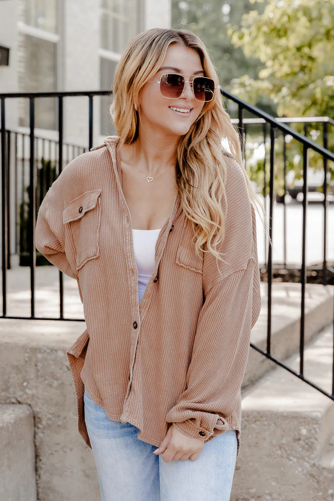Where You Go Brown Acid Wash Waffle Shacket | Pink Lily