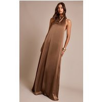 Chocolate Satin High Neck Scoop Extreme Low Back Maxi Dress | PrettyLittleThing US