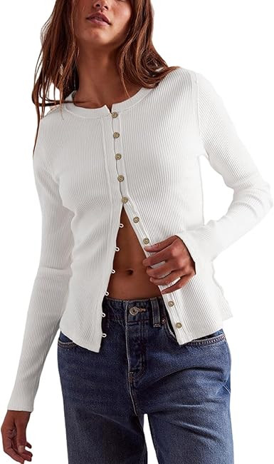 Womens Lightweight Fitted Sweaters Crew Neck Long Sleeve Button Down Ribbed Knit Cardigan | Amazon (US)