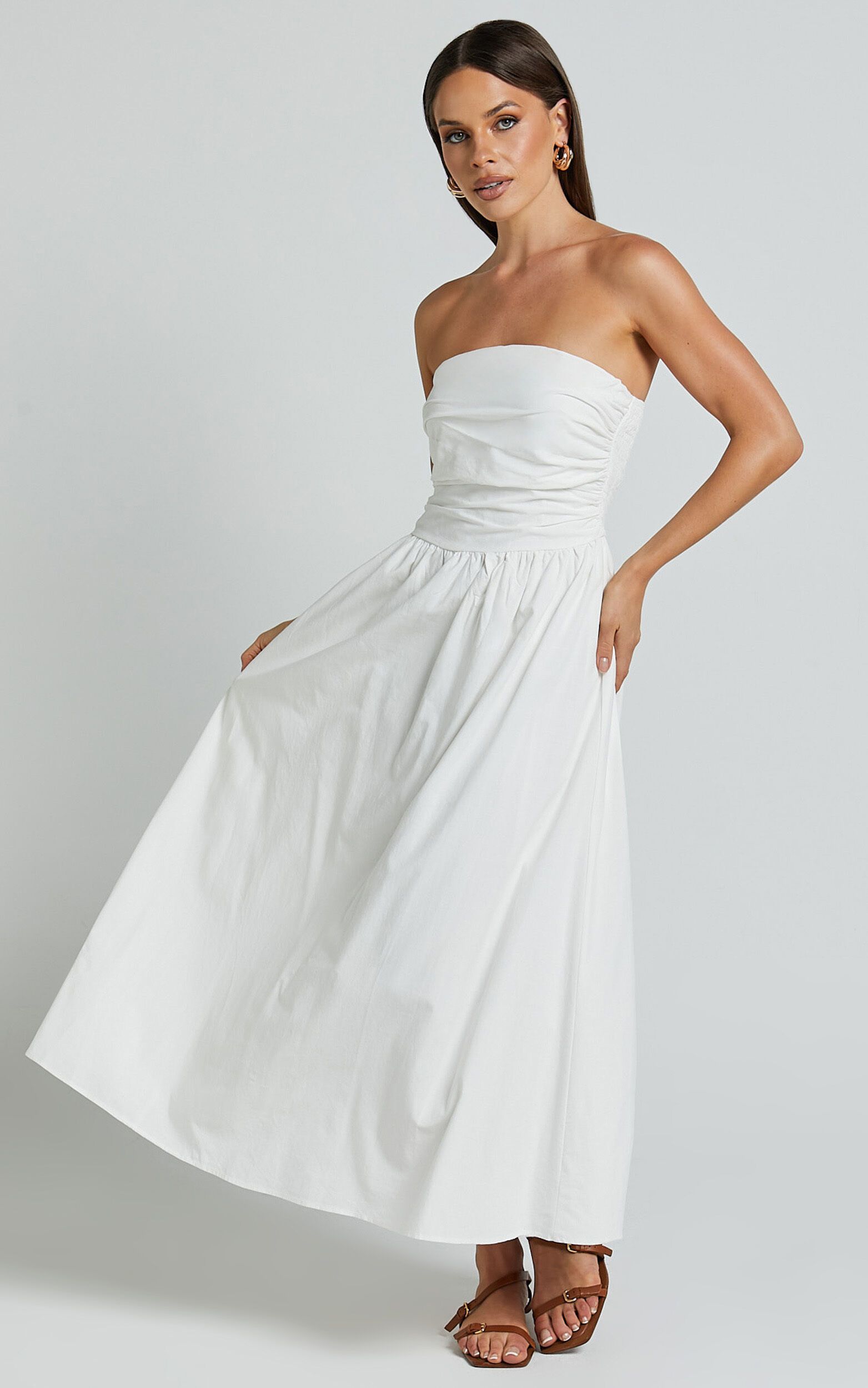 Polly Midi Dress - Strapless Ruched Dress in White | Showpo (US, UK & Europe)