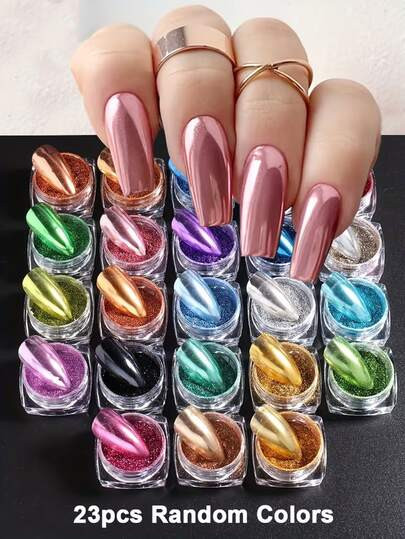 23pcs Chrome Metal Nail Art Christmas Pink Set, Y2K Mirror Glitter Nail Decoration Accessories | SHEIN