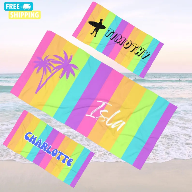 Rainbow Personalized Beach Towel Birthday Pool Party Towel Custom Name Gift for Kids Grandkids Co... | Etsy (US)