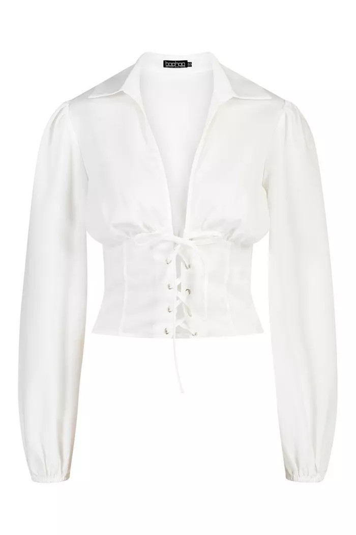 Woven Lace Up Corset Top | Boohoo.com (US & CA)