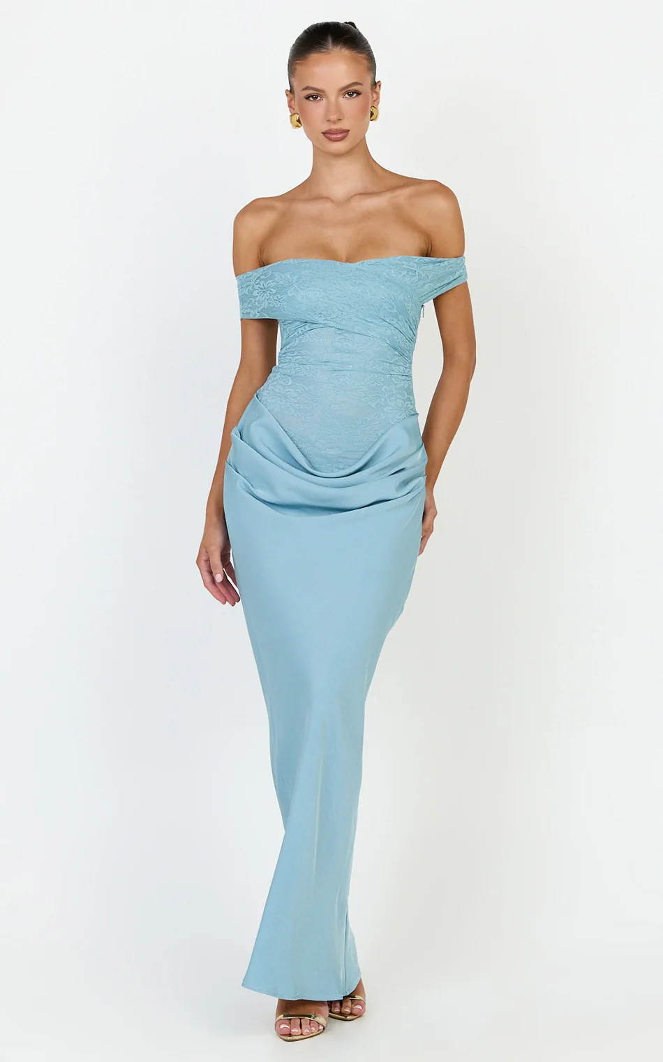 Lace Off Shoulder Contrast Draped Cowl Waist Dress in Light Blue | Showpo (ANZ)