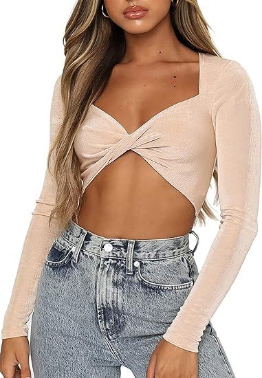 SOFIA'S CHOICE Women's Sexy Twist Front Crop Top Sweetheart Neckline Long Sleeve T Shirt | Amazon (US)