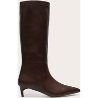 Chocolate Pu Point Toe Low Stiletto Knee High Heeled Boots | PrettyLittleThing UK