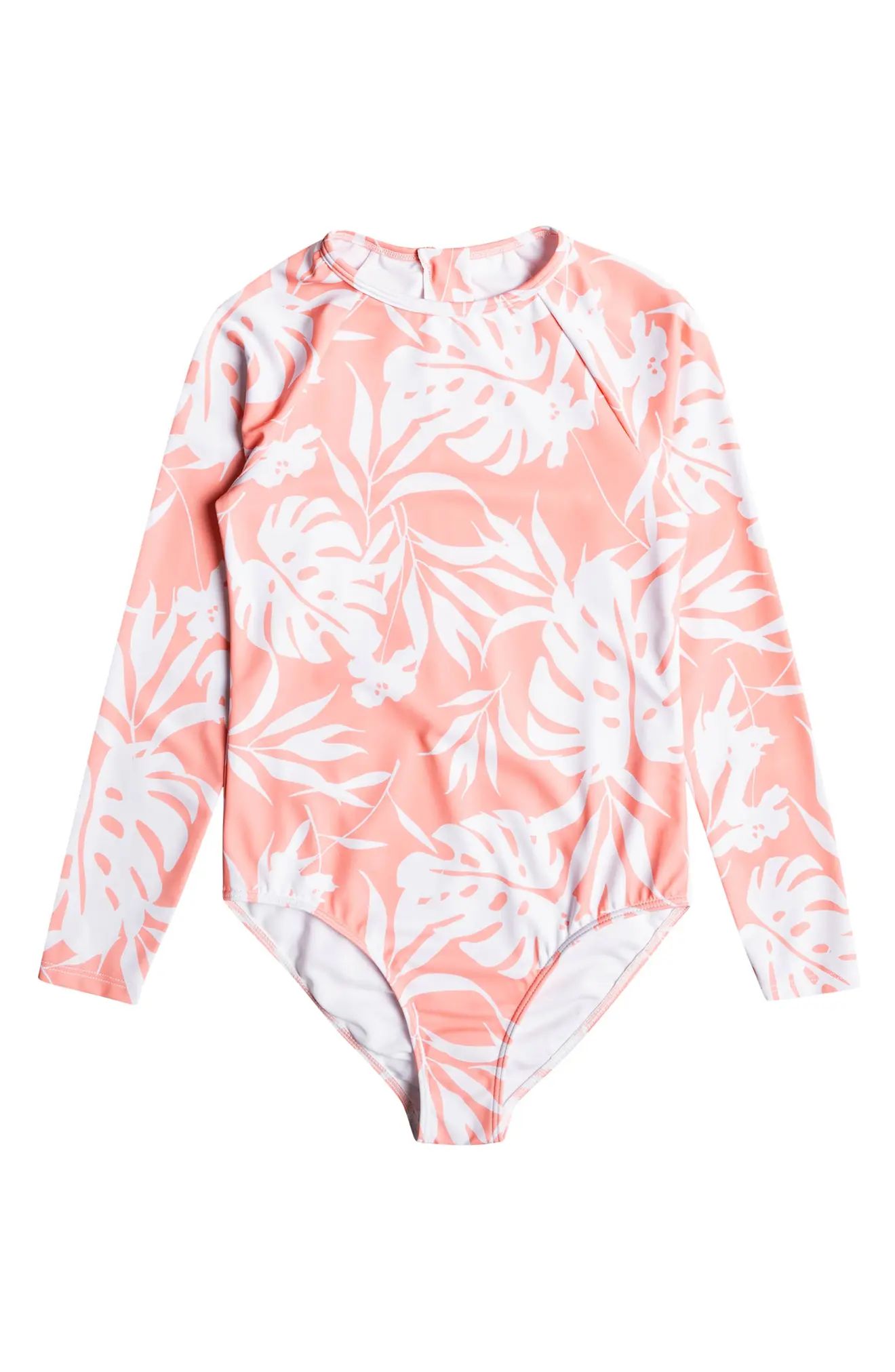 Roxy Kids' Flowers Long Sleeve One-Piece Rashguard Swimsuit in Pink at Nordstrom | Nordstrom