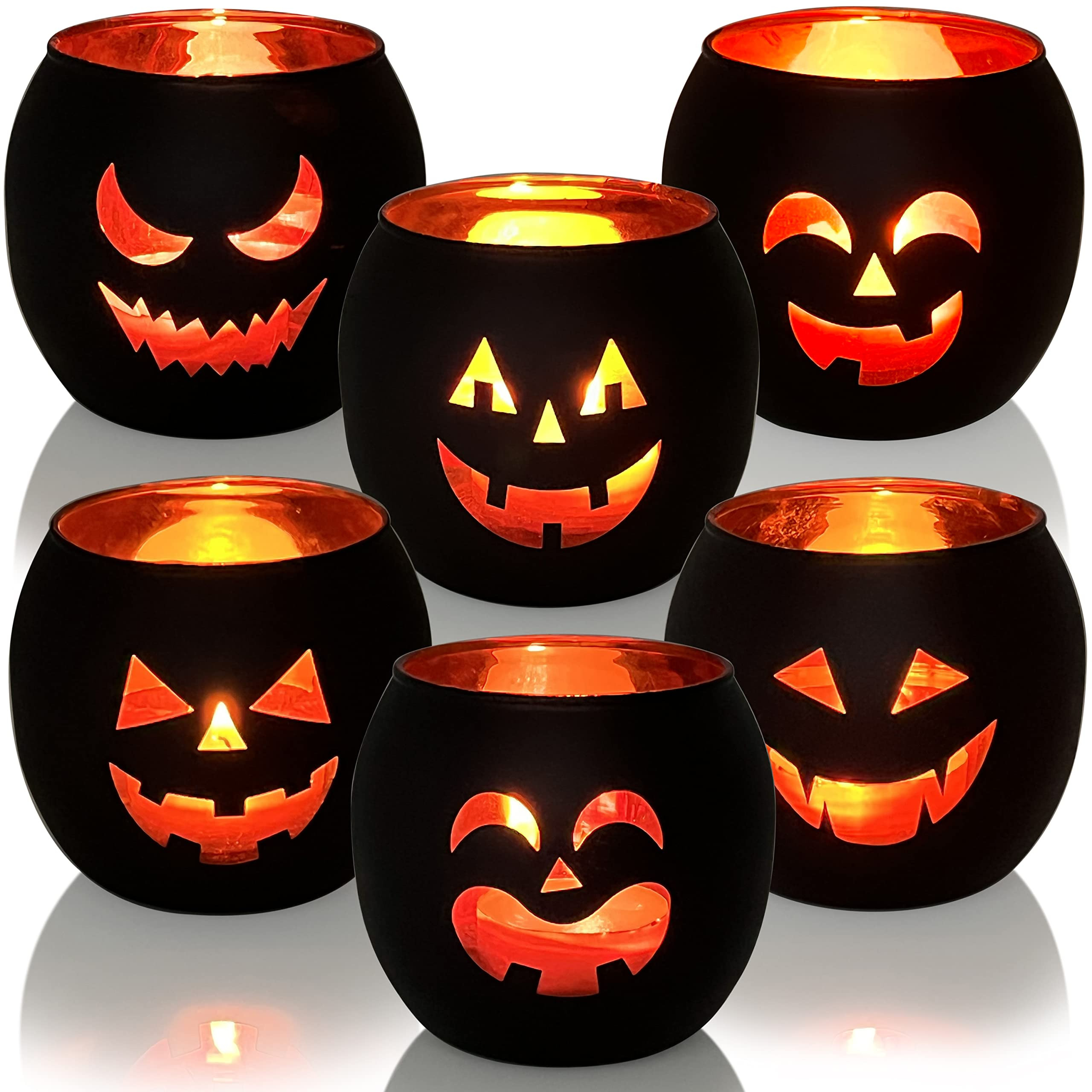 Halloween Table Decor Set of 6, Jack O Lanterns Black Glass Votive Tealight Candle Holders, Hallo... | Amazon (US)