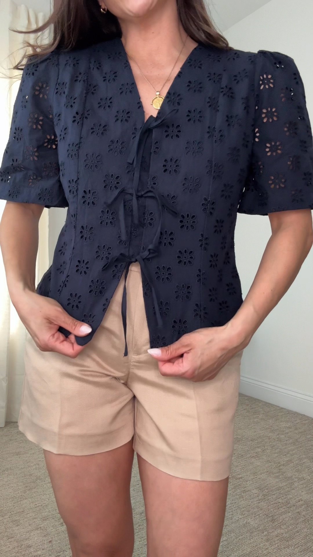 Loving this eyelet top! Wearing 2p top and 0 shorts. 