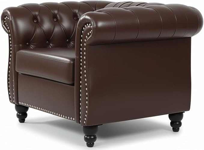 LEVNARY Leather Chesterfield Chair, Mid-Century Modern Single Sofa Chair, Tufted Upholstered Roll... | Amazon (US)