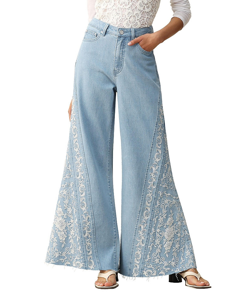 Bayeas High Rise Flare Jeans Botanical Embroidery with Raw Hem in Light Blue Wash | Bloomingdale's (US)