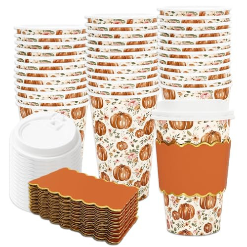 JarThenaAMCS 50Pcs Fall Coffee Cups with Lids Sleeves 16oz Autumn Floral Pumpkin Paper Cups Disposable To Go Coffee Cups for Thanksgiving Wedding Cafes Shops Cappuccino Chocolate Cocoa | Amazon (US)