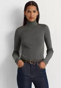 Faux Leather-Trim Ribbed Turtleneck | Belk