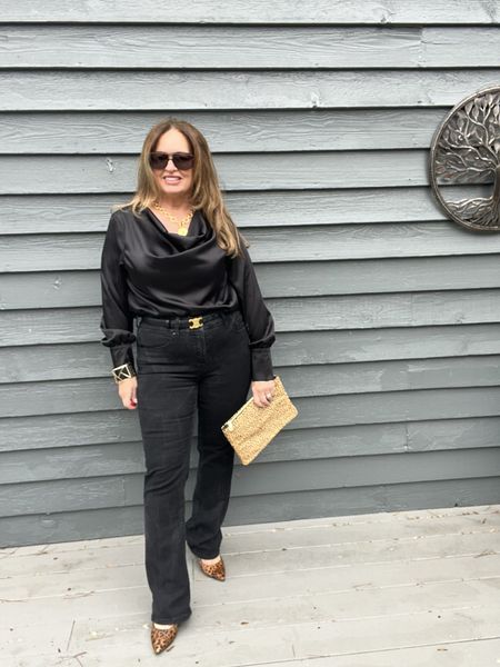 All black looks so chic.. Black denim and satin pair so nicely and it’s a great way to elevate your everyday denim. Did you hear leopard print is trending again? I thought it never left😂. I like the hit of animal print in my  bag and shoes.

Ohhh I almost forgot! Loving my new retro sunnies!

#LTKfindsunder50 #LTKstyletip #LTKover40