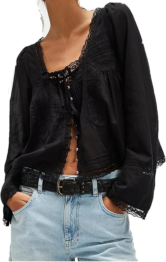 Women Lace Tie Front Top Y2k Coquette Long Sleeve Button Up Chiffon Cardigan Flowy Boho Peplum Sh... | Amazon (US)