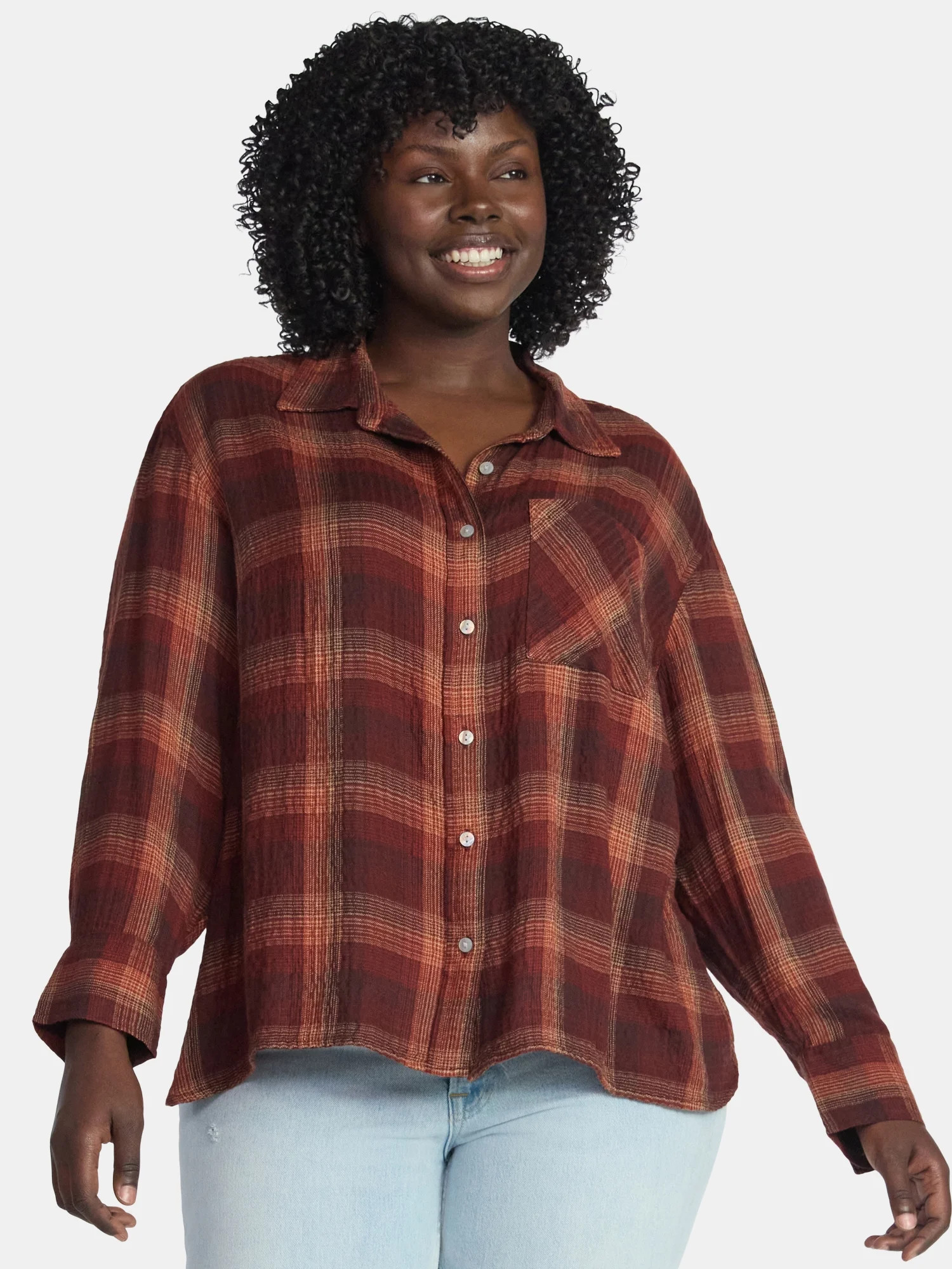 Terra & Sky Women's Plus Plaid Button Front Shirt, Sizes 0X-5X | Walmart (US)