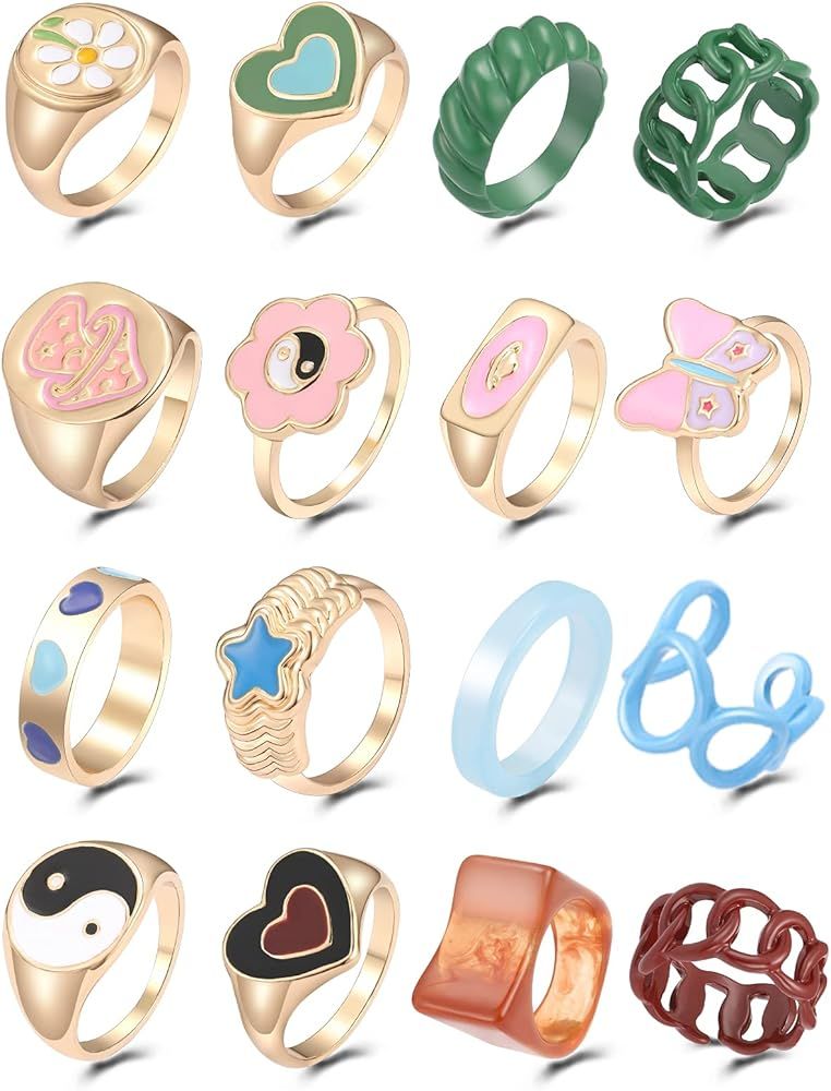 Chunky Y2K Colorful Rings for Women Teen Girls,Blue Silver Enamel Rings,Cute Rings Jewelry ,Trendy S | Amazon (US)
