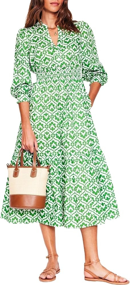 Women's Printed Tiered Cotton Midi Dress Long Sleeve V-Neck Smocked Waist A-Line Spring Dress | Amazon (US)