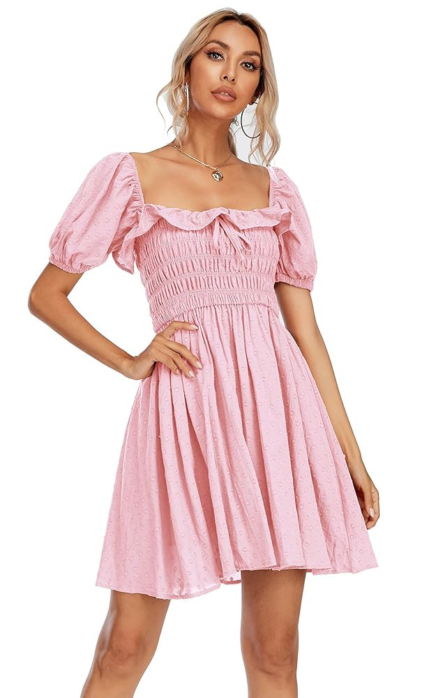 R.Vivimos Women's Summer Cotton Short Sleeve Square Neck Elastic Smocked Ruffle Floral Print Swin... | Amazon (US)