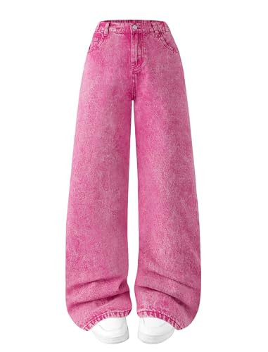 Peakpride Cute Jeans for Girls Y2k Baggy Wide Straight Leg Elastic Waist Kids Washed Pants Trendy Street Wear with Pockets Size 8 Pink | Amazon (US)