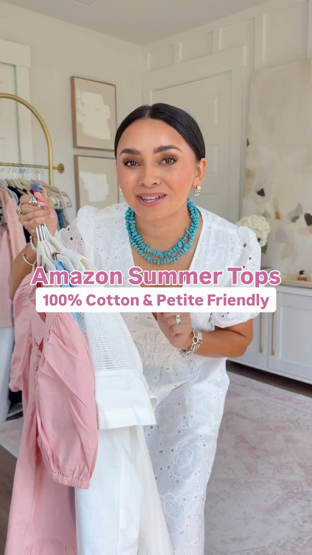 Amazon Summer Tops 100% Cotton!
For reference: I’m 5’0, petite, 32b bra size, and 2/26 in bottoms, pear shaped. 
*Everything I share is unaltered! TTS means true to size. Between size 5-6.5 in shoes

White top size small TTS
Denim shorts size 26 petite TTS
Brown sandals are Hermes, similar linked

Blue top size small TTS
White jeans size 0 petite - I size down a size in this brand
Clear sandals size 5 TTS

Brown gingham top size xs TTS
Brown cocoa bliss color linen pants size xs petite TTS
Clear sandals size 5 TTS

White flowy top size xs TTS
Olive green linen pants size xs, 28” inseam TTS
Clear sandals size 5 TTS

Light pink top size xs TTS
Jeans size 0 petite - I size down a size in this brand
Clear sandals size 5 TTS

White dress size xs TTS

#LTKgrwm #LTKootd #LTKPetite