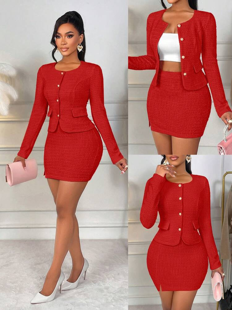 AIJ Amarilo Women's Autumn Winter Elegant Solid Color Square Neck Metal Button Top And Skirt 2 Pieces Set, Versatile For Everyday Use | SHEIN