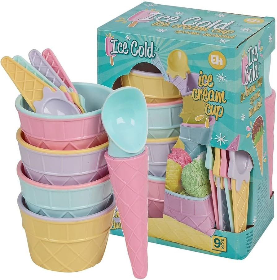 URBNLIVING 9 Piece Ice Cream Dessert Set, Includes 4 Cups, 4 Cone Themed Spoons & 1 Scoop, Plasti... | Amazon (UK)