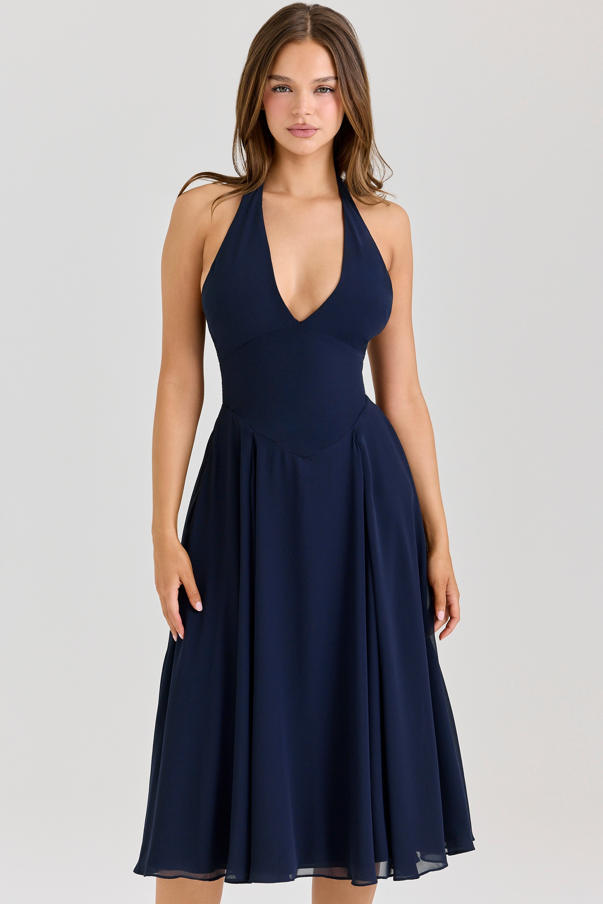 navy georgette halter midi dress | House of CB