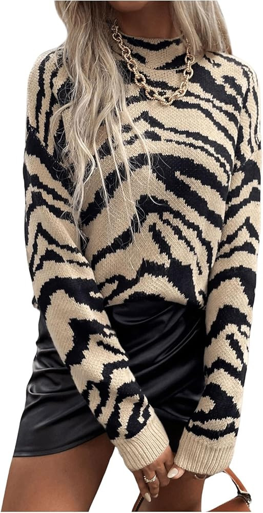 GORGLITTER Women's Zebra Print Sweater Mock Neck Long Sleeve Cozy Chunky Knitted Tiger Animal Pul... | Amazon (US)