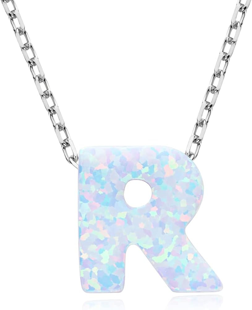 YUNKAI Opal Letter Necklaces for Women, 925 Sterling Silver Initial Necklaces, A-Z Alphabet Necklace | Amazon (US)