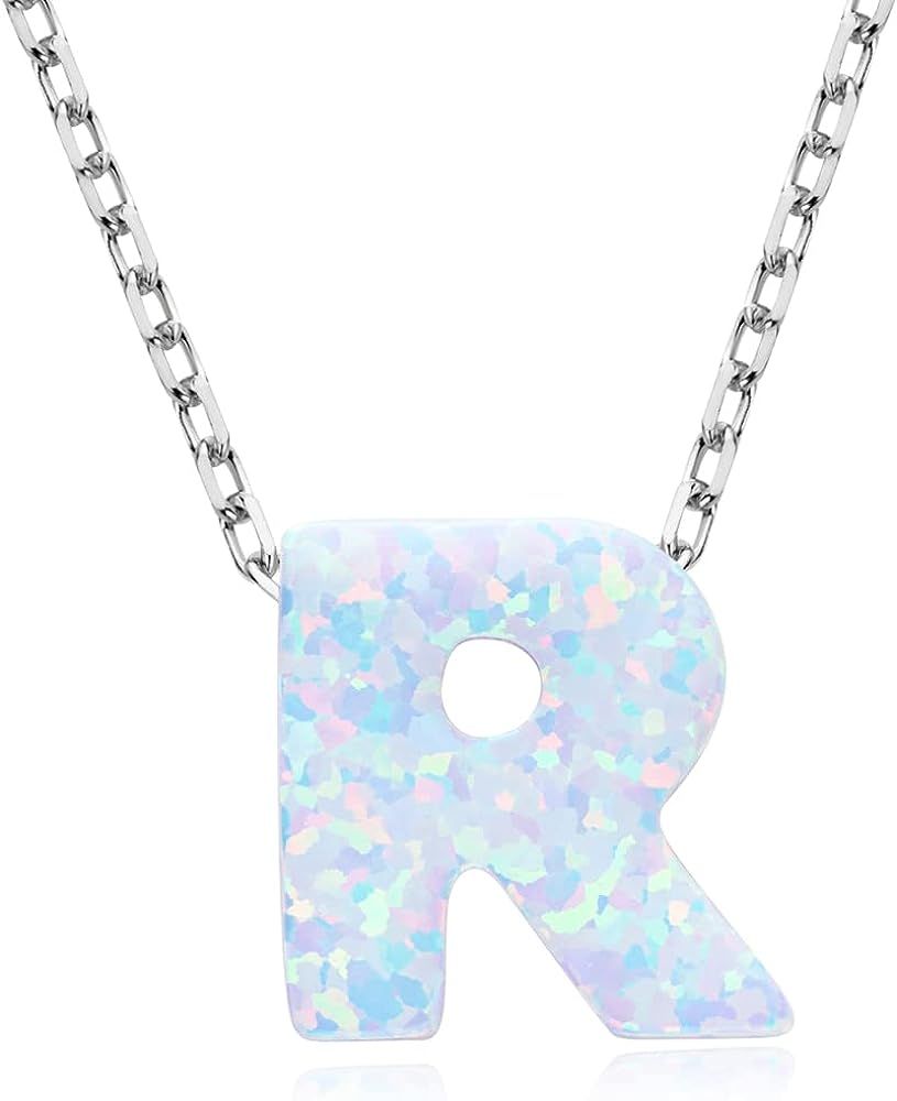 YUNKAI Opal Letter Necklaces for Women, 925 Sterling Silver Initial Necklaces, A-Z Alphabet Necklace | Amazon (US)