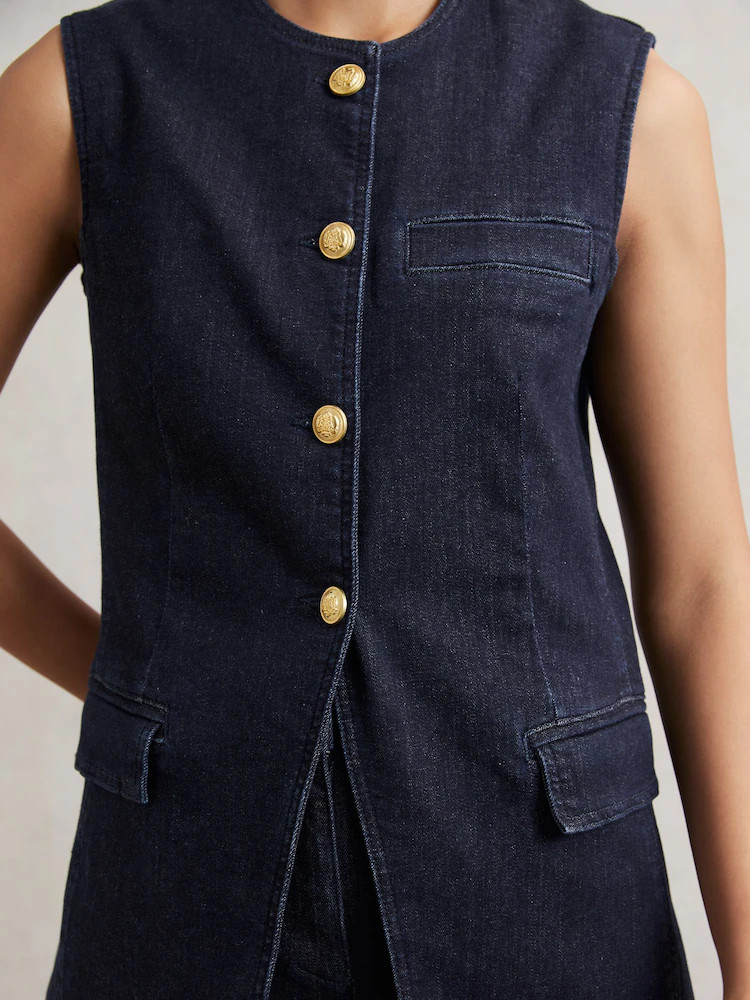 Reiss Dark Blue Athena Denim Long-Line Waistcoat | Next EU