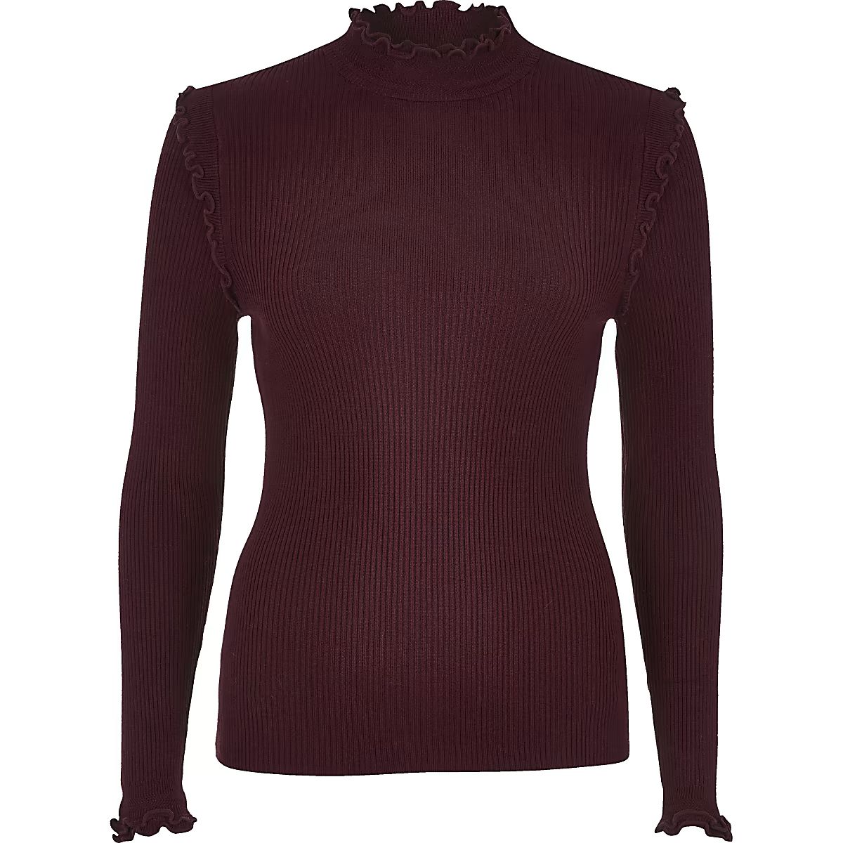 Dark red fitted frill trim high neck top | River Island (UK & IE)